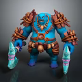 Muscular Blue Skinned Fantasy Ogre With Brown Straps And Dual Blue Bladed Weapons