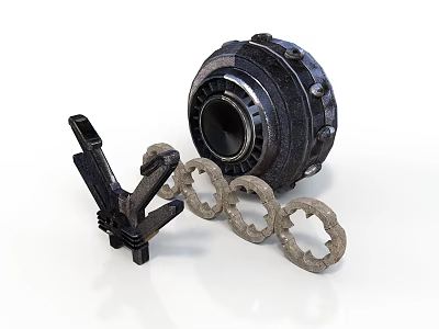 Black Mechanical Equipment Components With Circular Metal Rings And Installation Tool 3d model