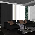Modern Living Room Interior With Black Leather Sofa Pillows Coffee Table And Marble Wall