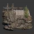 Wooden Platform Structure On Rock Base With Canopy Railing And Plants