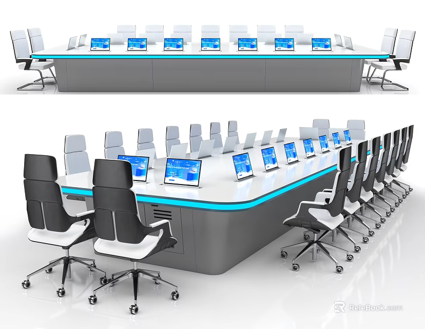 Modern Conference Table Setup With Multiple Laptops And Surrounding Chairs 3d model 