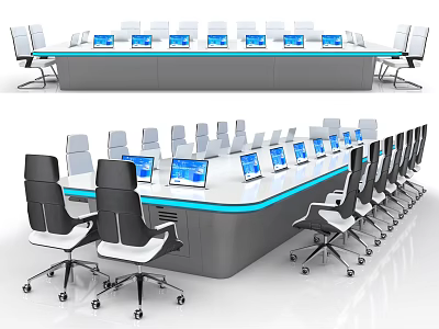 Modern Conference Table Setup With Multiple Laptops And Surrounding Chairs 3d model