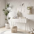 Modern Room Interior With White Dressing Table Mirror Cosmetics Green Plant And Decorations