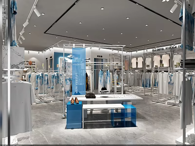 Modern Clothing Store Interior With Hanging Clothes Display Racks And Lighting Design 3d model