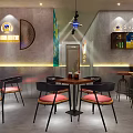 Modern Bar Interior With Stylish Tables Pink Chairs Neon Sign And City Night View