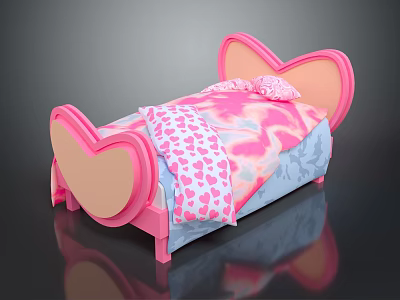 Cute Pink Kids Bed With Heart Shaped Headboard And Heart Pattern Bedding 3d model