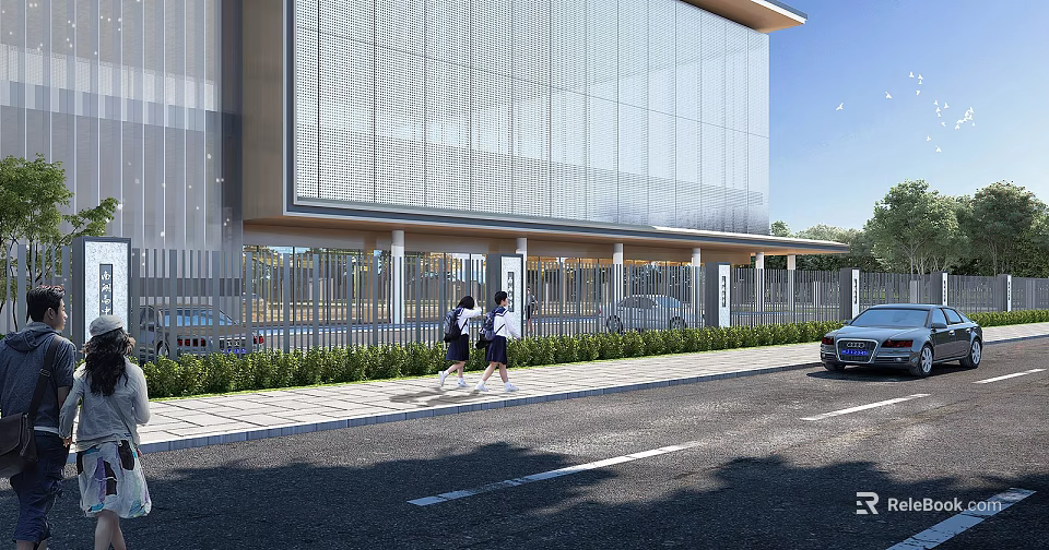 Modern School Building With Glass Facade And Students Walking Near Roadside Fence 3d model 