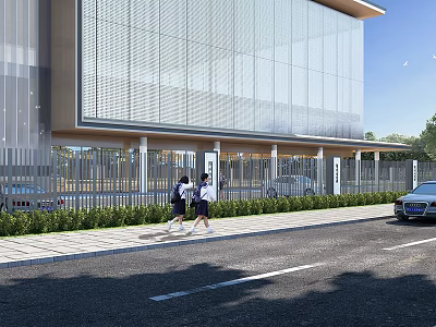 Modern School Building With Glass Facade And Students Walking Near Roadside Fence 3d model
