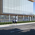 Modern School Building With Glass Facade And Students Walking Near Roadside Fence