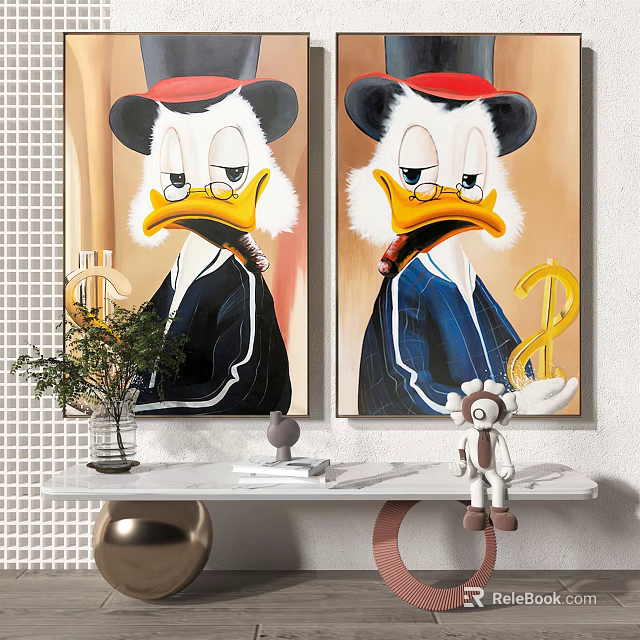 Stylish Cartoon Duck Wall Art with Red Hat Suit and Dollar Sign in Modern Interior 3d model 