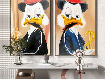 Stylish Cartoon Duck Wall Art with Red Hat Suit and Dollar Sign in Modern Interior 3d model