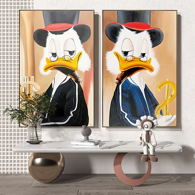 Stylish Cartoon Duck Wall Art with Red Hat Suit and Dollar Sign in Modern Interior 3d model
