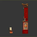 Traditional Red Shrine with Ornate Carvings Colorful Patterns and Hanging Bells and Small Decorative Objects