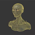 Game Movie Character Blue Head Sculpture With Glowing Purple Eyes Forehead Symbol Intricate Neck Design
