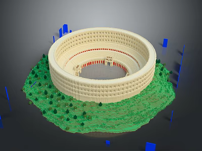 Detailed Colosseum Model Surrounded By Green Grass And Blue Blocks 3d model