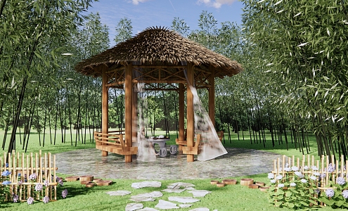 New Chinese Pavilion Bamboo Forest Park Landscape Thatched Pavilion Rest Landscape Corridor Pavilion Bamboo Fence Stone Table Stone Bench 3d model