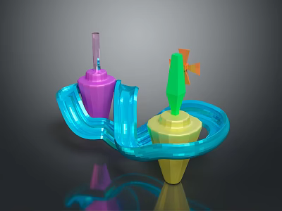 Vibrant 3D Model With Blue Spiral Purple Yellow Cones Green Stems And Orange Fish Decor 3d model