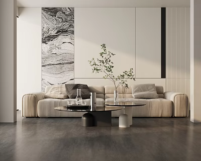 Modern Beige Three-Seater Sofa Living Room With Decorative Pillows Green Plant And Round Coffee Table 3d model