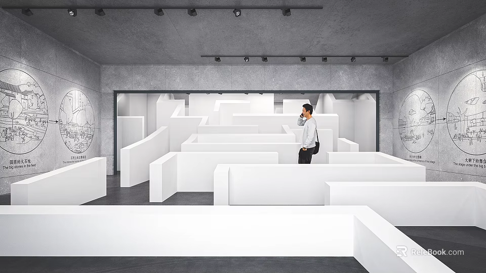 Modern Exhibition Hall With White Stepped Platforms Gray Flooring Ceiling Spotlights And Person Standing 3d model 