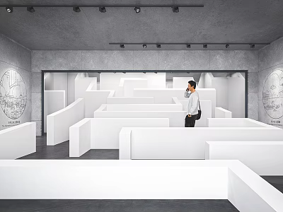 Modern Exhibition Hall With White Stepped Platforms Gray Flooring Ceiling Spotlights And Person Standing 3d model