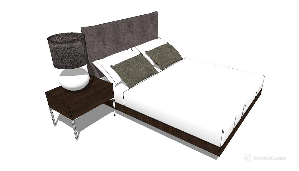 Double Bed With Dark Gray Headboard White Bedding Gray Pillows And Nightstand Table Lamp 3d model 