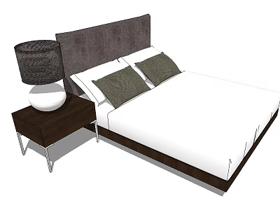 Double Bed With Dark Gray Headboard White Bedding Gray Pillows And Nightstand Table Lamp 3d model
