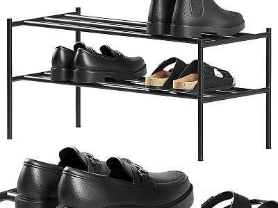 Entryway Organizer With Black Metal Shoe Rack Holding Leather Shoes And Sandals 3d model