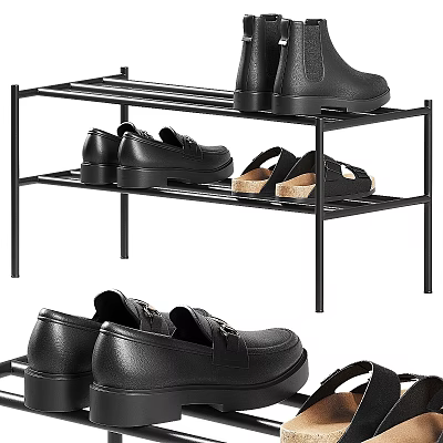 Entryway Organizer With Black Metal Shoe Rack Holding Leather Shoes And Sandals 3d model