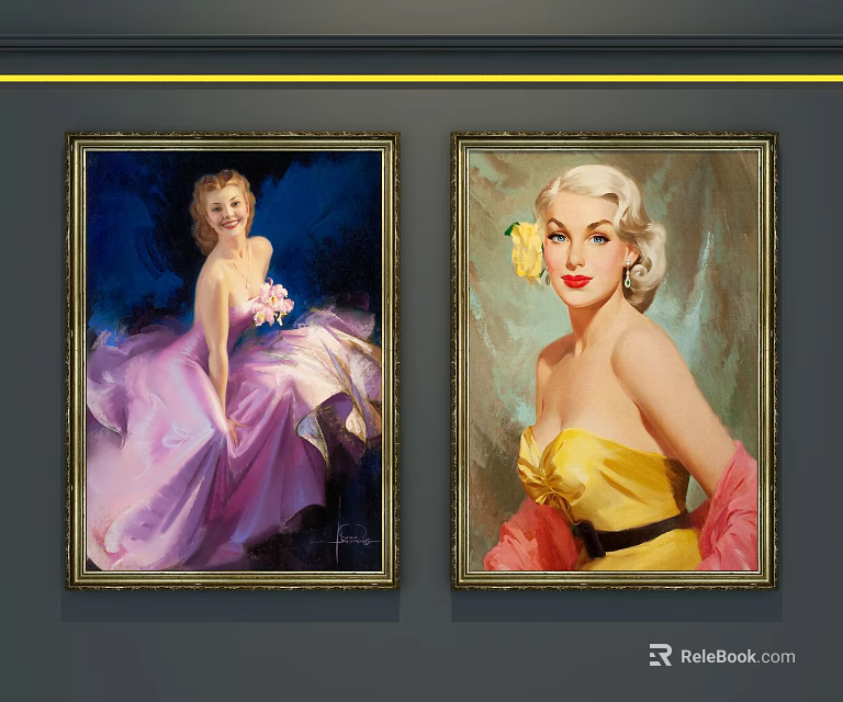 Vintage Portrait Paintings Featuring Women in Pink and Yellow Dresses with Blue Background 3d model 