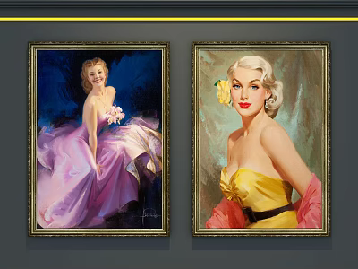Vintage Portrait Paintings Featuring Women in Pink and Yellow Dresses with Blue Background 3d model