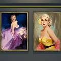 Vintage Portrait Paintings Featuring Women in Pink and Yellow Dresses with Blue Background
