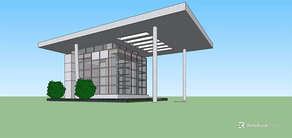Modern Building Exterior With Glass Walls Flat Roof White Columns And Green Shrubs 3d model 
