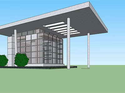 Modern Building Exterior With Glass Walls Flat Roof White Columns And Green Shrubs 3d model