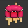 Pink Single Sofa with White Trim and Decorative Buttons on Wooden Platform against Black Background