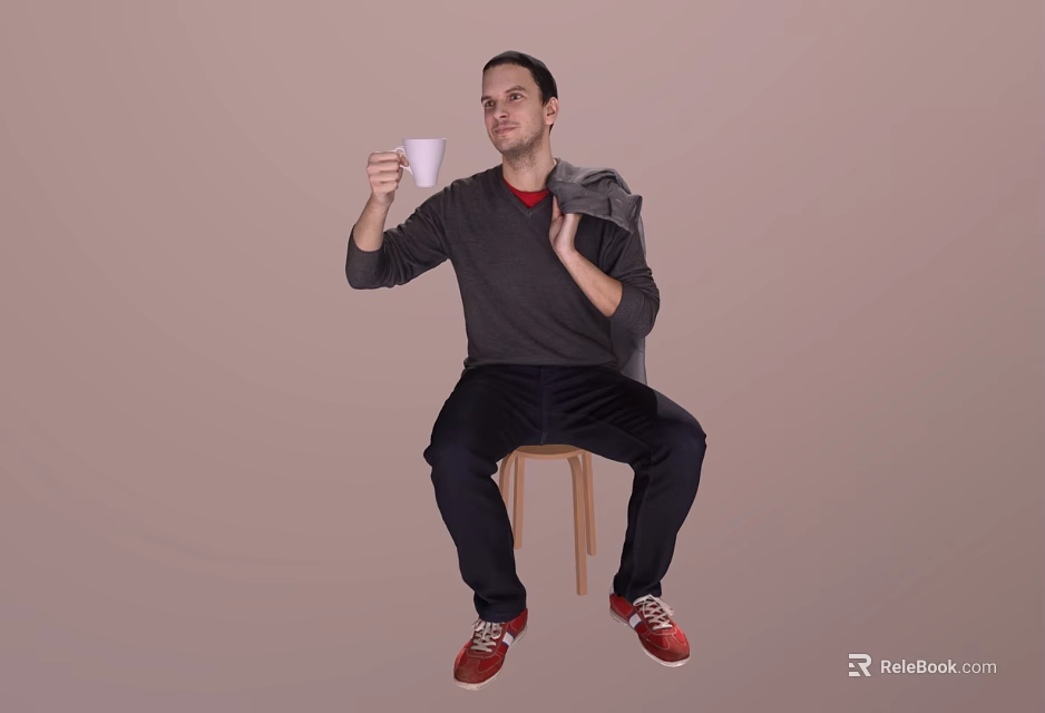 Man sitting on chair holding white cup wearing gray sweater red shirt red shoes 3d model 