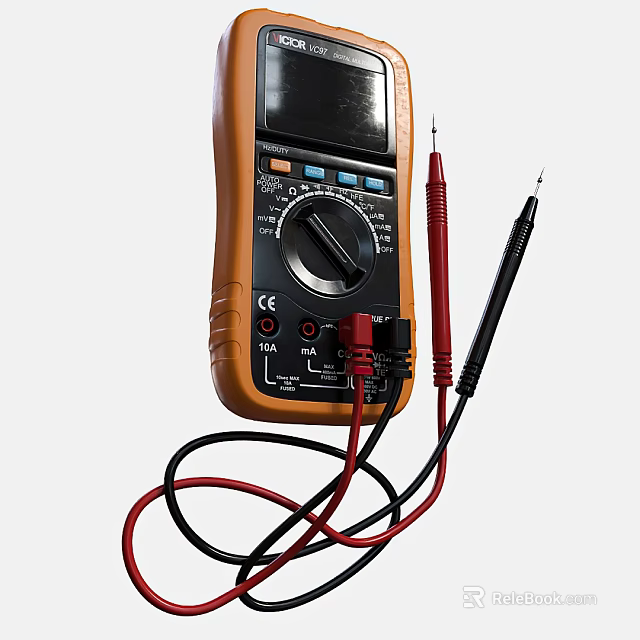 Orange And Black Digital Multimeter With Probe Leads Dial Display Measurement Tool 3d model 