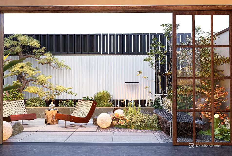 Courtyard Garden With Outdoor Lounge Chairs Lush Green Plants And Stone Paving 3d model 