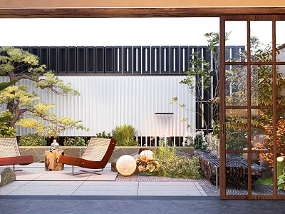 Courtyard Garden With Outdoor Lounge Chairs Lush Green Plants And Stone Paving 3d model