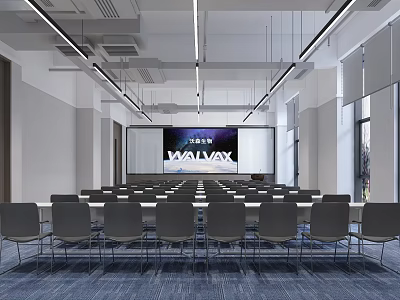 Modern Conference Room With Gray Chairs Large Screen Ceiling Lighting And Windows 3d model
