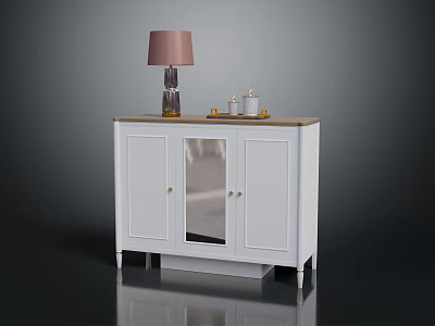 White Entryway Console Cabinet With Glass Door Wooden Top Slim Legs Lamp And Decor Items 3d model