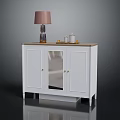 White Entryway Console Cabinet With Glass Door Wooden Top Slim Legs Lamp And Decor Items