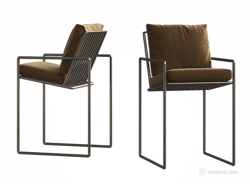 Two Modern Bar Stools With Metal Frame And Brown Cushion 3d model 