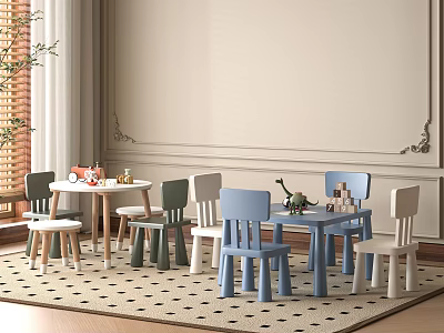 Kids Table With Colorful Chairs For Children In Cozy Room Setting 3d model