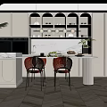 Modern Minimalist Restaurant Interior With Arched Cabinets Pendant Lights Marble Countertop And Rattan Chairs