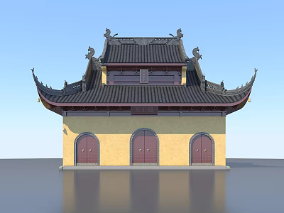 Ancient Chinese Architecture Featuring Overhanging Eaves Tiled Roof And Yellow Walls With Arched Red Doors 3d model