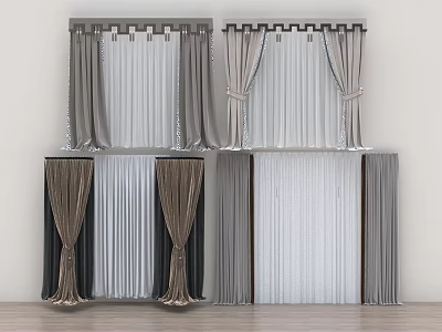 Elegant Modern Curtains In Gray White Brown With Double Layer Design And Decorative Tiebacks 3d model