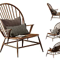 Wooden Slat Back Leisure Chair With Gray Cushion And Magazine Displayed In Multiple Angles