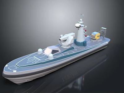 Modern Gray Blue Work Boat with White Tower Yellow Storage Box and Deck Equipment 3d model