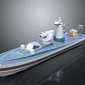 Modern Gray Blue Work Boat with White Tower Yellow Storage Box and Deck Equipment