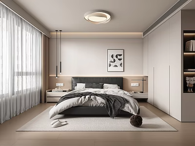Modern Bedroom Interior With Bedside Tables Decorative Painting Curtains Ceiling Light and Rug 3d model